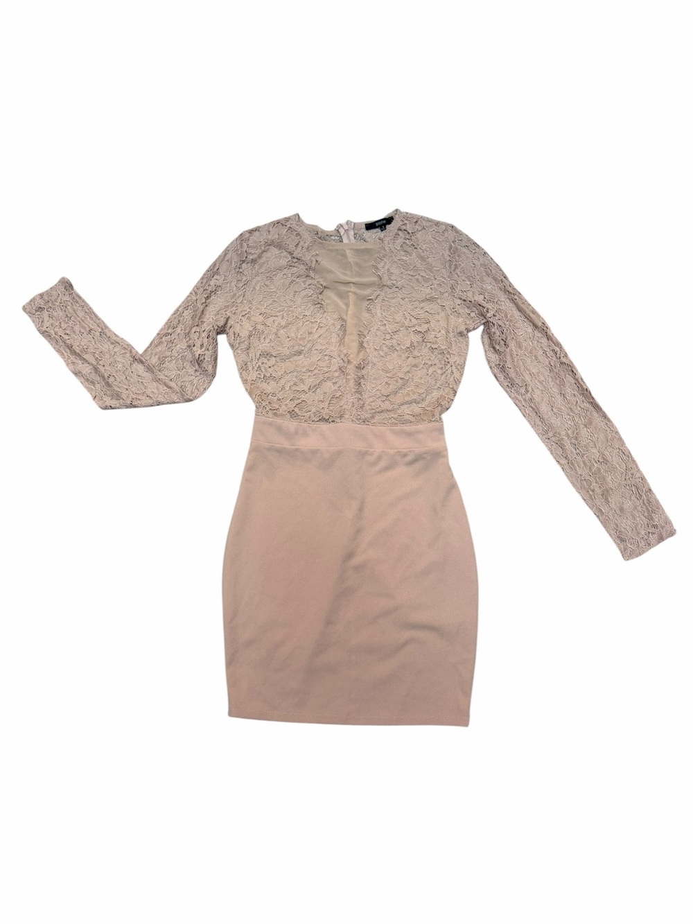 Blush Lace Long Sleeve Bodycon Mini Dress Sheer Panel Elegant Fitted